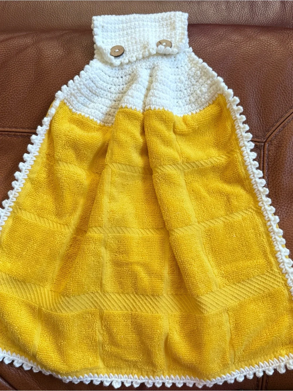 Mellow Buff Yellow Hanging Kitchen Towel White Crochet Coconut Shell Buttons